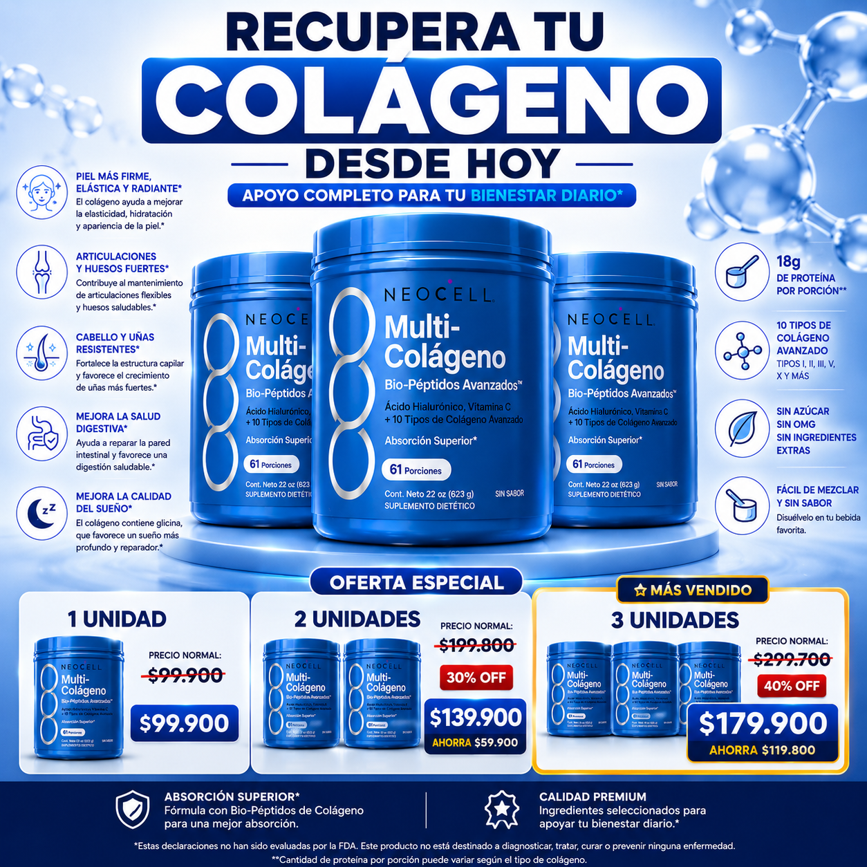 NeoCell Multi-Colageno Peptides - Piel Firme, Cabello Fuerte y Articulaciones